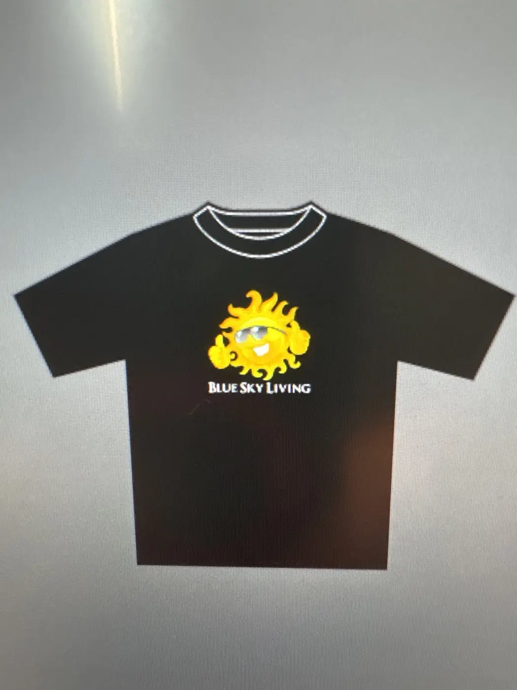 Black T-shirt with the Blue Sky Living sun and wordmark on the chest