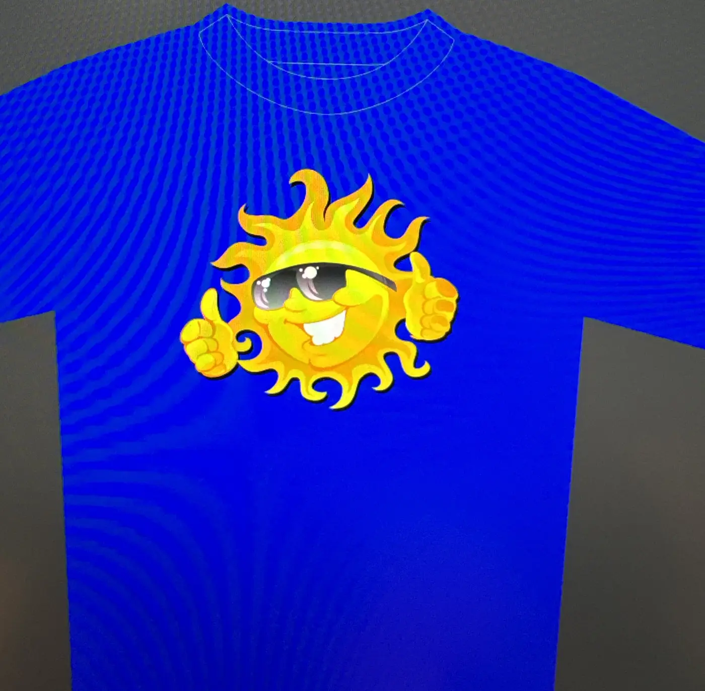 Blue T-shirt with the Blue Sky Living sun on the chest